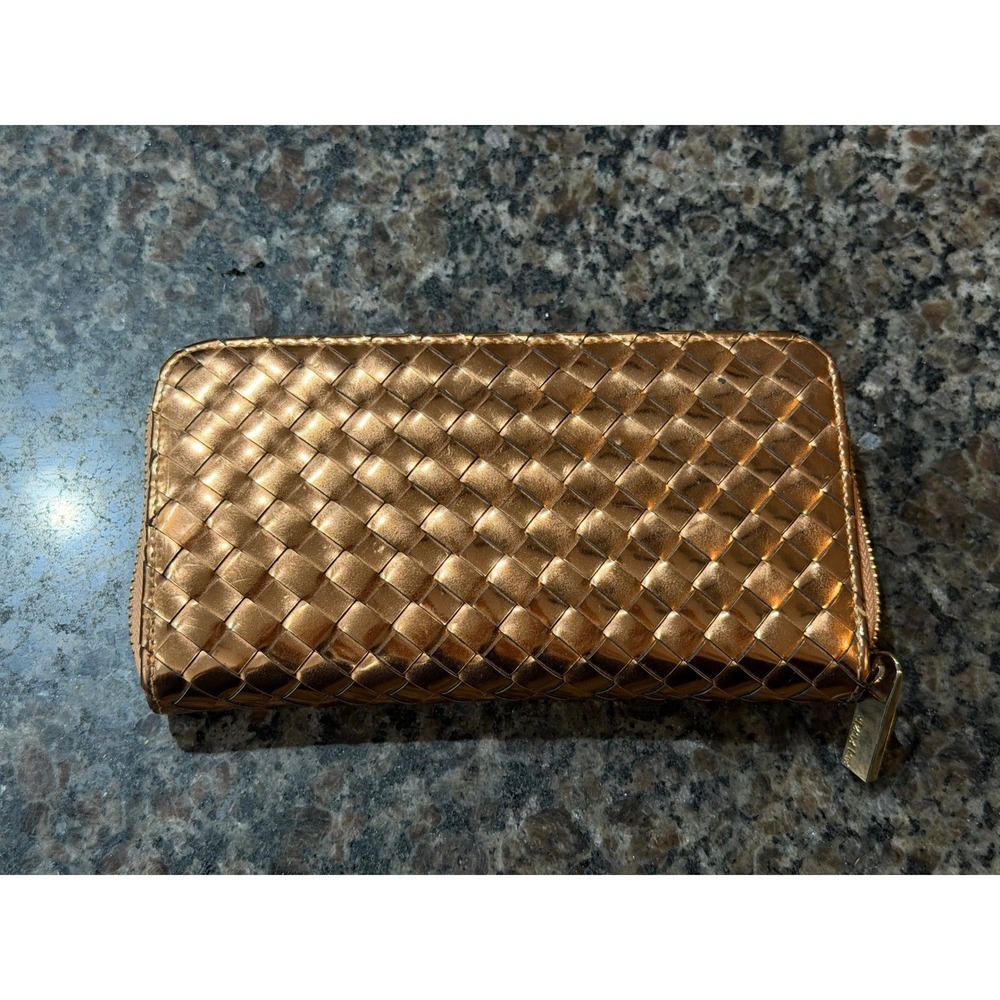 Deux Lux Metallic Copper Woven Zip Around Continental Wallet Gold Polka‎ Dot